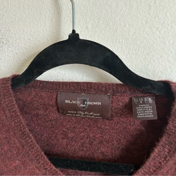 Black Brown Sz L 100 2 Ply Cashmere Burgundy V Neck Sweater - Picture 6 of 7